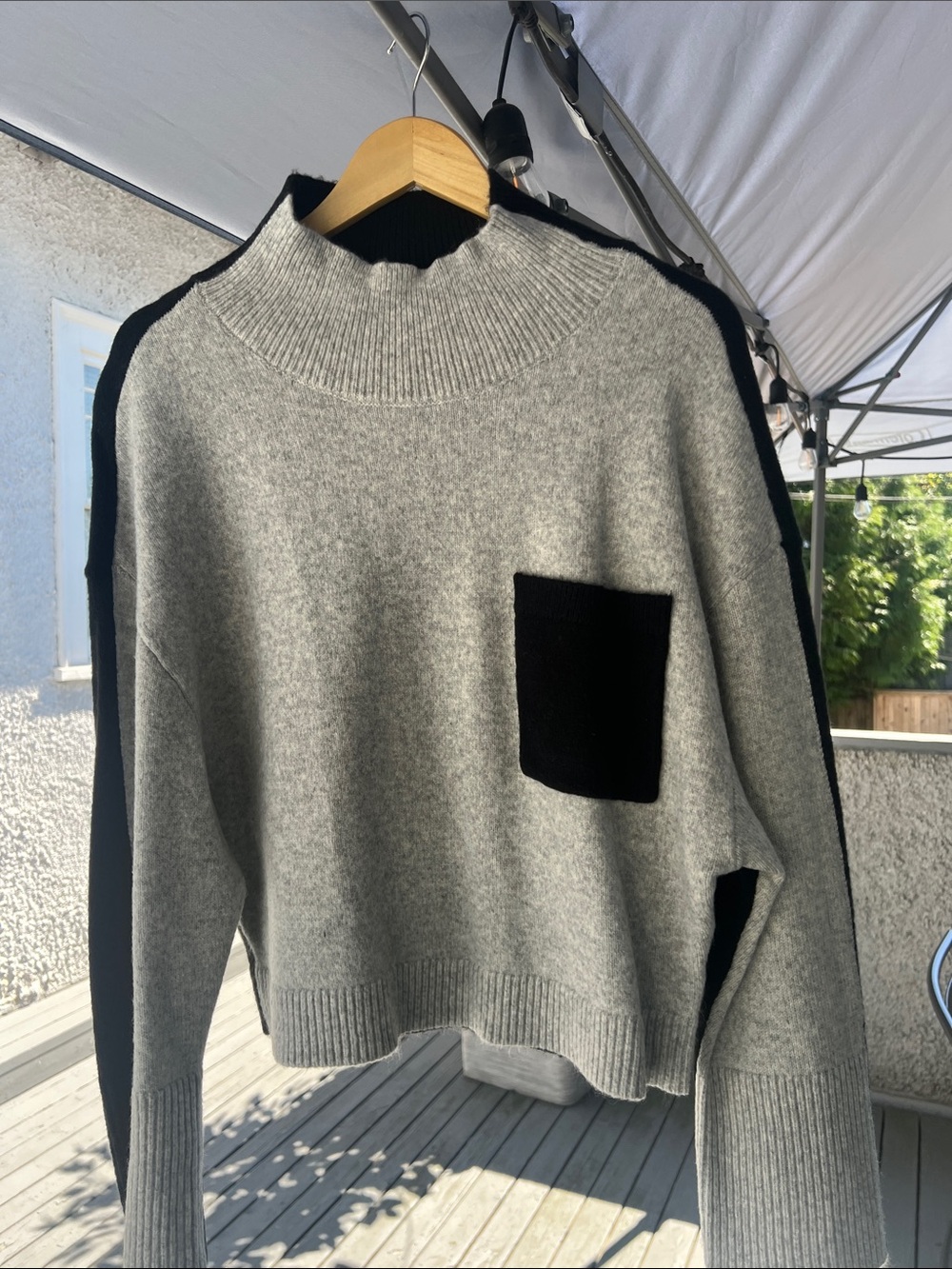 Gray Mock Neck Sweater with Black Pocket - Women's Sweater